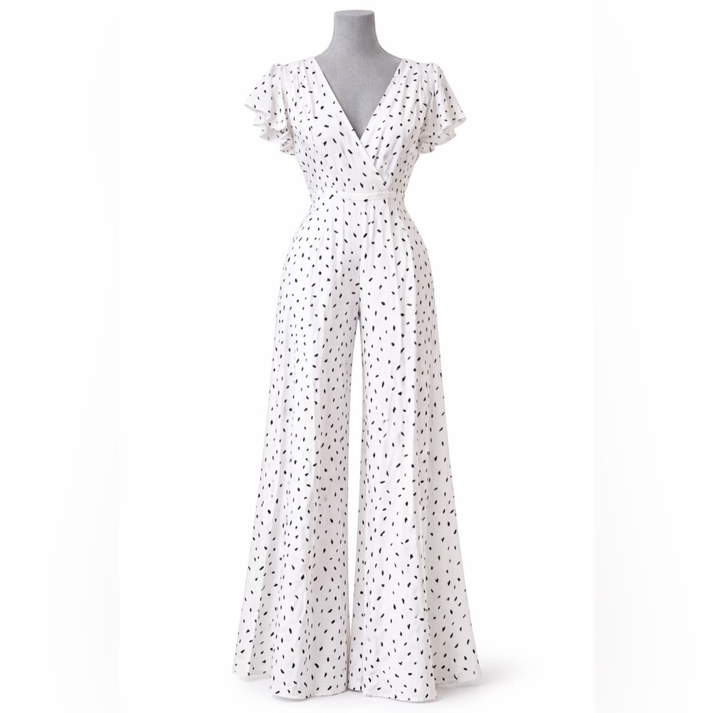 Lulus White Black Abstract Print Surplice Wide Leg Jumpsuit S